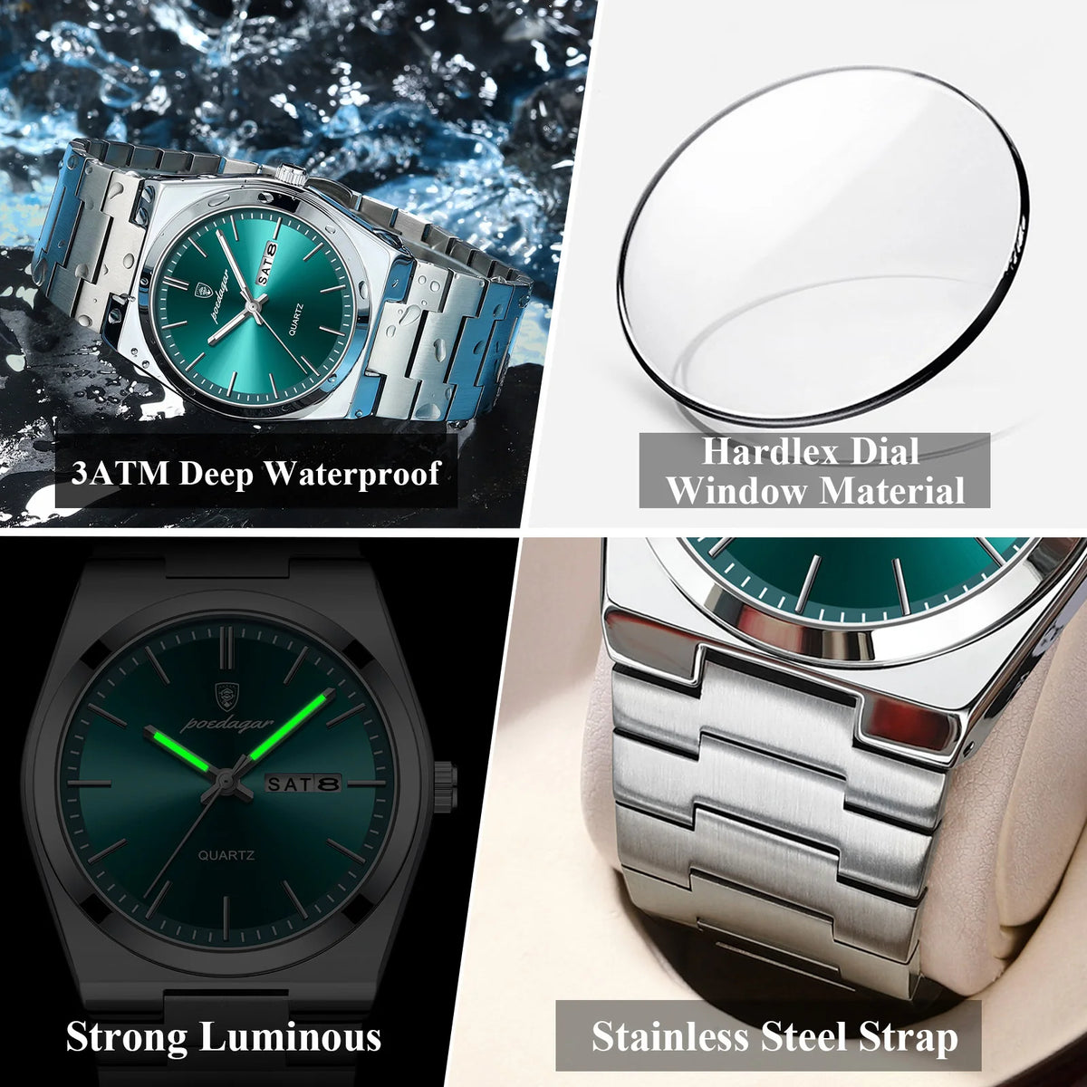 POEDAGAR Luxury Men's Quartz Wristwatch Waterproof Luminous Date Week Man Watch Stainless Steel Business Fashion Watches For Men