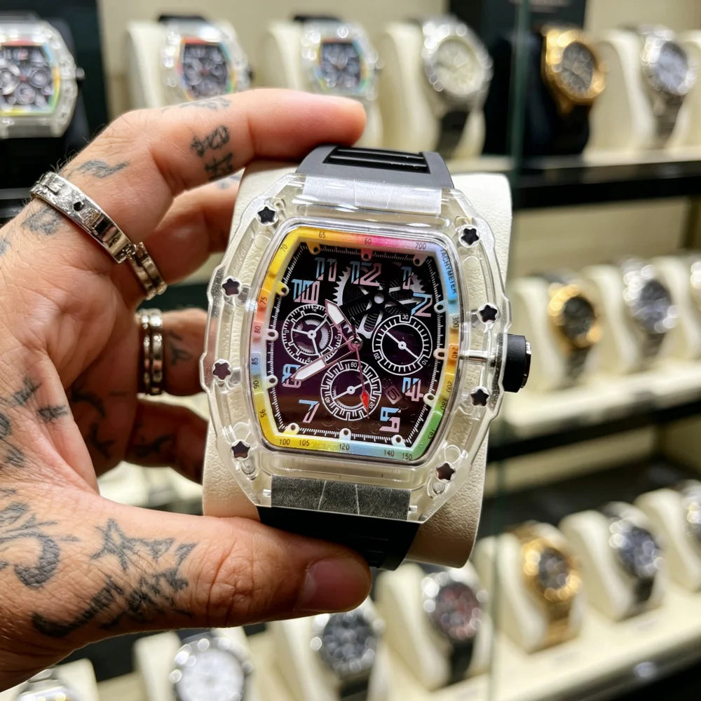 Transparent Barrel Quartz Watch - Rainbow Dial