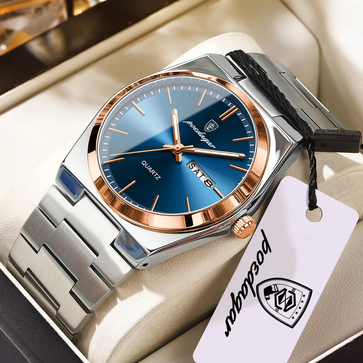 POEDAGAR Luxury Men's Quartz Wristwatch Waterproof Luminous Date Week Man Watch Stainless Steel Business Fashion Watches For Men