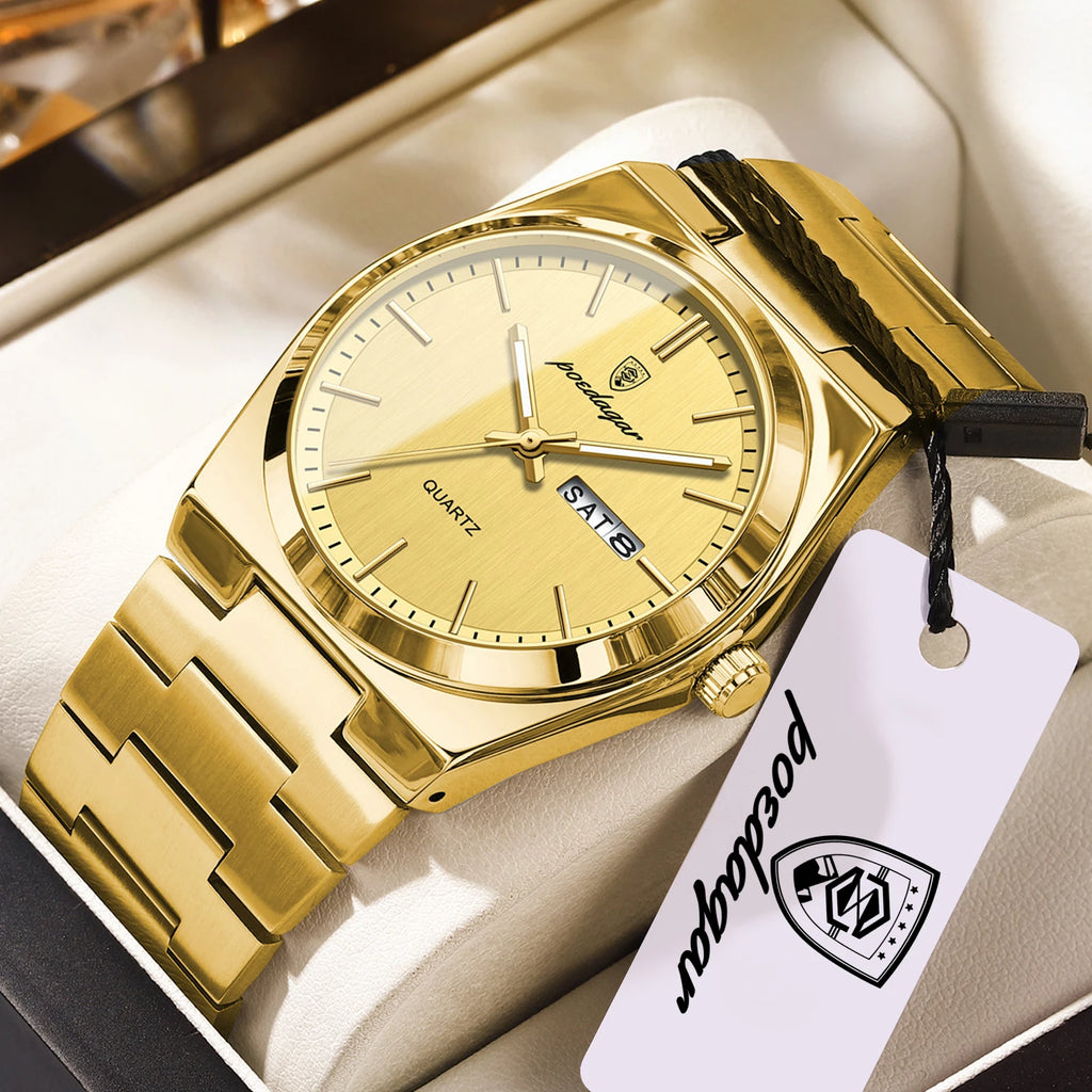 POEDAGAR Luxury Men's Quartz Wristwatch Waterproof Luminous Date Week Man Watch Stainless Steel Business Fashion Watches For Men