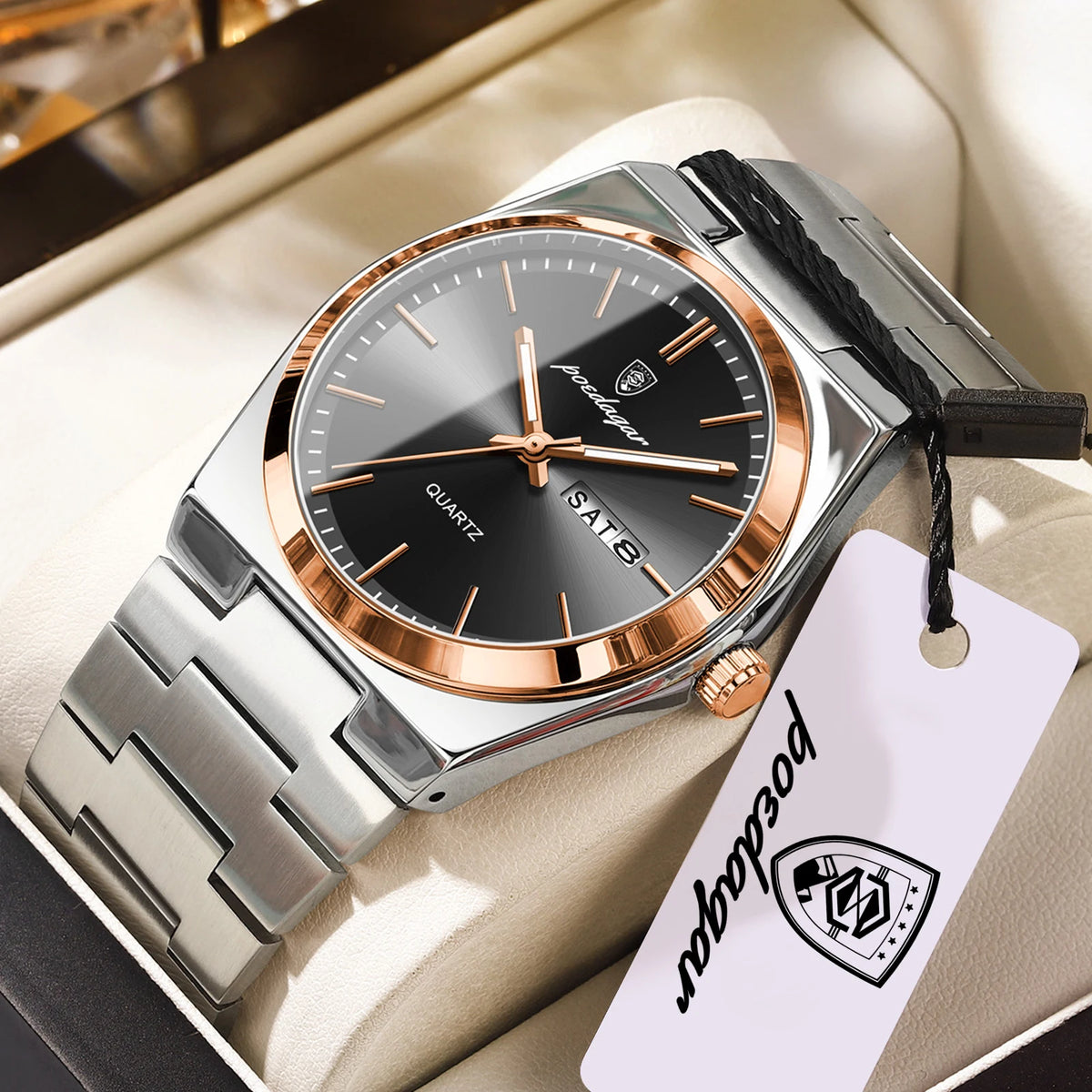 POEDAGAR Luxury Men's Quartz Wristwatch Waterproof Luminous Date Week Man Watch Stainless Steel Business Fashion Watches For Men