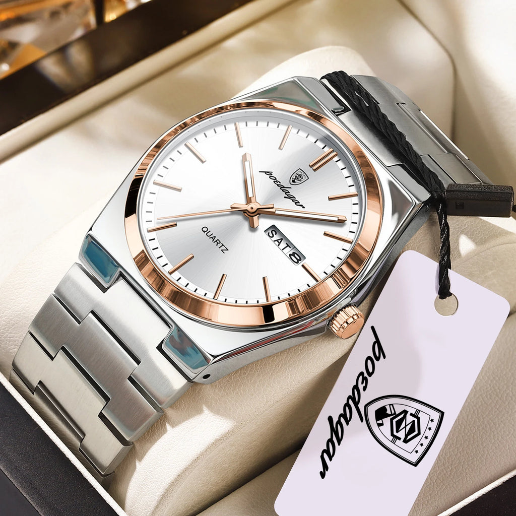 POEDAGAR Luxury Men's Quartz Wristwatch Waterproof Luminous Date Week Man Watch Stainless Steel Business Fashion Watches For Men